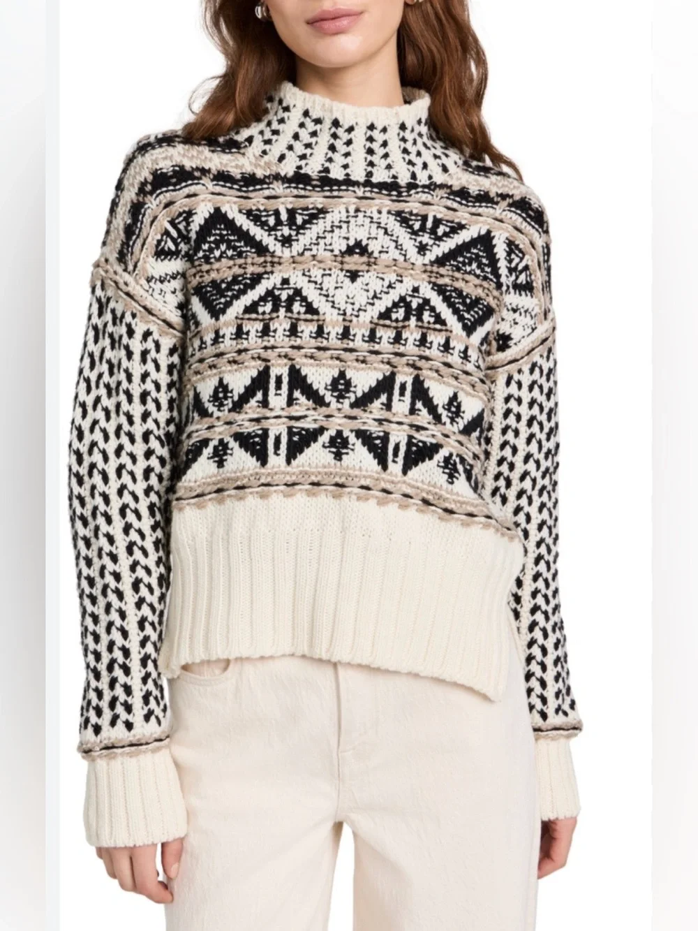 Splendid Sweater Cream Black Fair Isle Vail Mock Turtleneck $198
